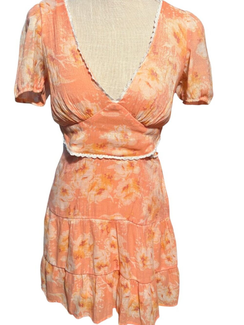 Y2K City Studio Peach Floral Dress Small Cutout Back Tie Boho Summer Sundress